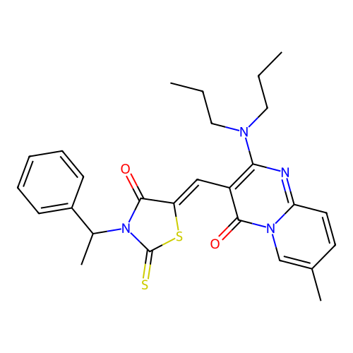 2-(dipropylamino)-7-methyl-3-{(Z)-[4-oxo-3-(1-phenylethyl)-2-thioxo-1,3-thiazolidin-5-ylidene]methyl}-4H-pyrido[1,2-a]pyrimidin-4-one structure