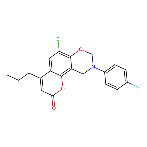 6-chloro-9-(4-fluorophenyl)-4-propyl-9,10-dihydro-2H,8H-chromeno[8,7-e][1,3]oxazin-2-one structure