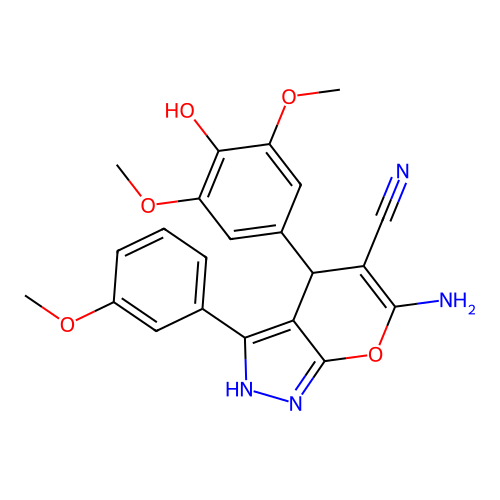6-amino-4-(4-hydroxy-3,5-dimethoxyphenyl)-3-(3-methoxyphenyl)-2,4-dihydropyrano[2,3-c]pyrazole-5-carbonitrile structure