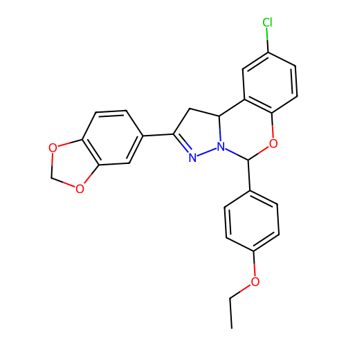 2-(1,3-benzodioxol-5-yl)-9-chloro-5-(4-ethoxyphenyl)-1,10b-dihydropyrazolo[1,5-c][1,3]benzoxazine structure