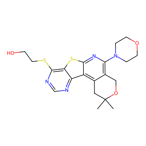2-((2,2-dimethyl-5-morpholino-2,4-dihydro-1H-pyrano[4'',3'':4',5']pyrido[3',2':4,5]thieno[3,2-d]pyrimidin-8-yl)thio)ethanol structure