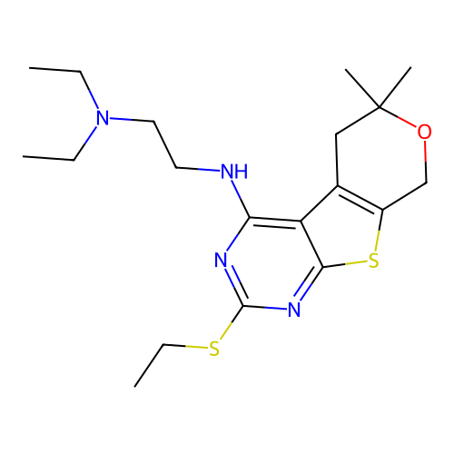 N,N-diethyl-N'-[2-(ethylsulfanyl)-6,6-dimethyl-5,8-dihydro-6H-pyrano[4',3':4,5]thieno[2,3-d]pyrimidin-4-yl]ethane-1,2-diamine structure