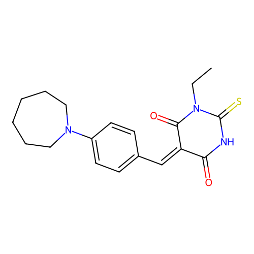 (Z)-5-(4-(azepan-1-yl)benzylidene)-1-ethyl-2-thioxodihydropyrimidine-4,6(1H,5H)-dione structure