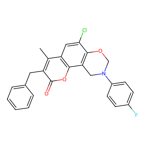 3-benzyl-6-chloro-9-(4-fluorophenyl)-4-methyl-9,10-dihydro-2H,8H-chromeno[8,7-e][1,3]oxazin-2-one structure