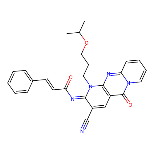 (2E)-N-{(2E)-3-cyano-5-oxo-1-[3-(propan-2-yloxy)propyl]-1,5-dihydro-2H-dipyrido[1,2-a:2',3'-d]pyrimidin-2-ylidene}-3-phenylprop-2-enamide structure