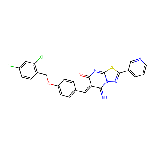 (6Z)-6-[[4-[(2,4-dichlorophenyl)methoxy]phenyl]methylidene]-5-imino-2-pyridin-3-yl-[1,3,4]thiadiazolo[3,2-a]pyrimidin-7-one structure