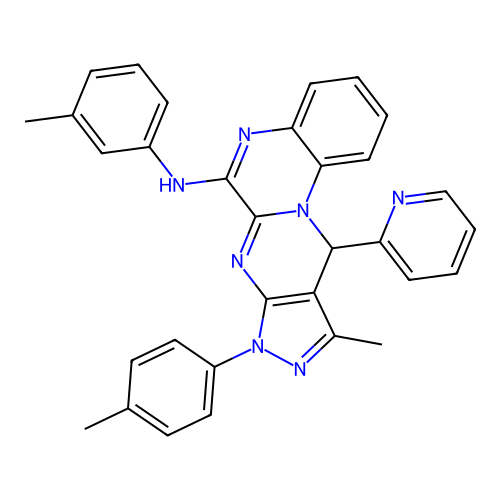 10-methyl-11-(pyridin-2-yl)-N-(m-tolyl)-8-(p-tolyl)-8,11-dihydropyrazolo[3',4':4,5]pyrimido[1,2-a]quinoxalin-6-amine structure