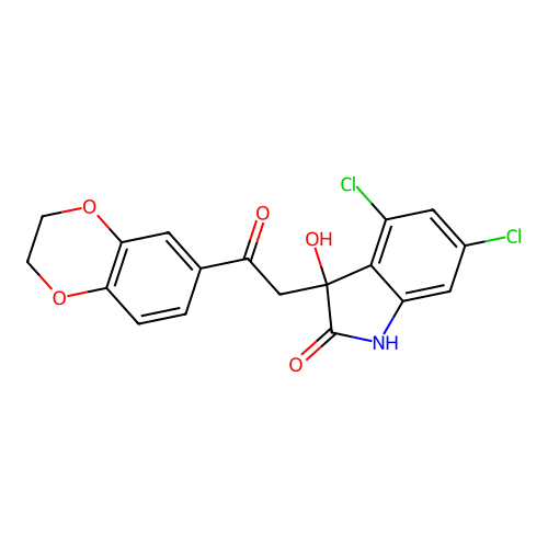 4,6-dichloro-3-[2-(2,3-dihydro-1,4-benzodioxin-6-yl)-2-oxoethyl]-3-hydroxy-1,3-dihydro-2H-indol-2-one structure