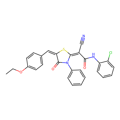 (2E)-N-(2-chlorophenyl)-2-cyano-2-[(5E)-5-(4-ethoxybenzylidene)-4-oxo-3-phenyl-1,3-thiazolidin-2-ylidene]ethanamide structure