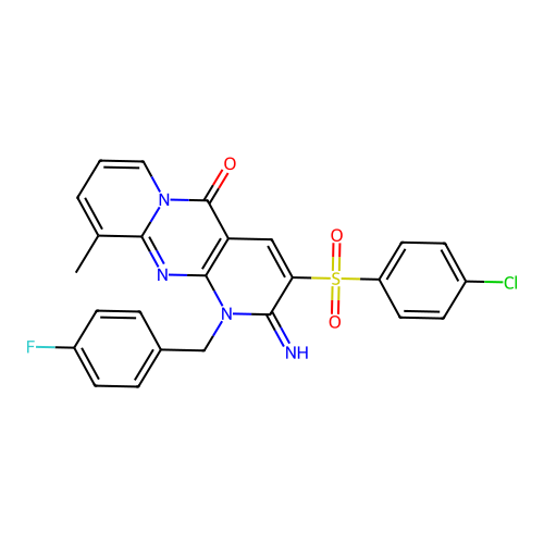 3-((4-chlorophenyl)sulfonyl)-1-(4-fluorobenzyl)-2-imino-10-methyl-1H-dipyrido[1,2-a:2',3'-d]pyrimidin-5(2H)-one structure