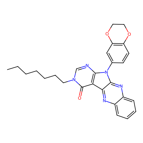 11-(2,3-dihydro-1,4-benzodioxin-6-yl)-3-heptyl-3,11-dihydro-4H-pyrimido[5',4':4,5]pyrrolo[2,3-b]quinoxalin-4-one structure