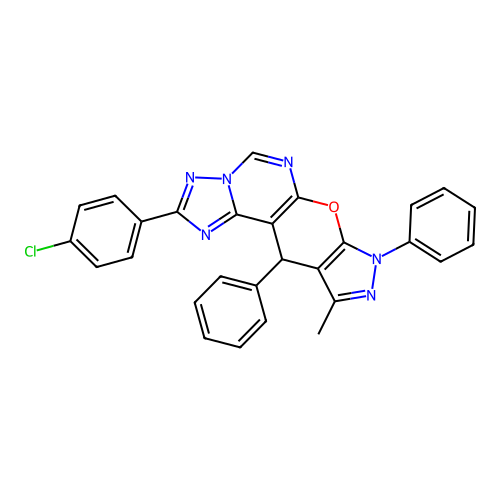 2-(4-chlorophenyl)-10-methyl-8,11-diphenyl-8,11-dihydropyrazolo[4',3':5,6]pyrano[3,2-e][1,2,4]triazolo[1,5-c]pyrimidine structure