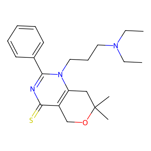 1-(3-(diethylamino)propyl)-7,7-dimethyl-2-phenyl-7,8-dihydro-1H-pyrano[4,3-d]pyrimidine-4(5H)-thione structure