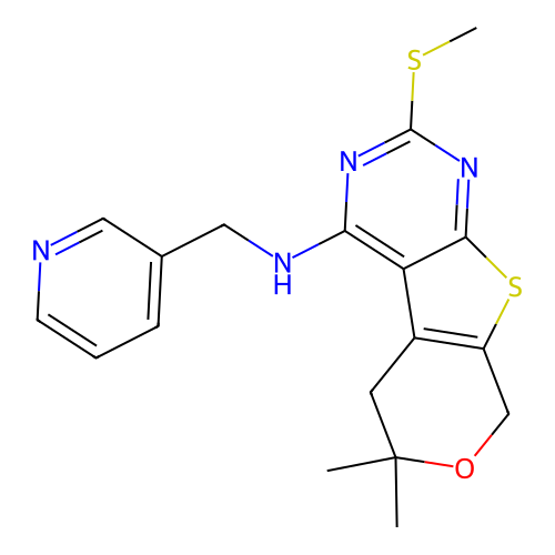 6,6-dimethyl-2-(methylsulfanyl)-N-(pyridin-3-ylmethyl)-5,8-dihydro-6H-pyrano[4',3':4,5]thieno[2,3-d]pyrimidin-4-amine structure