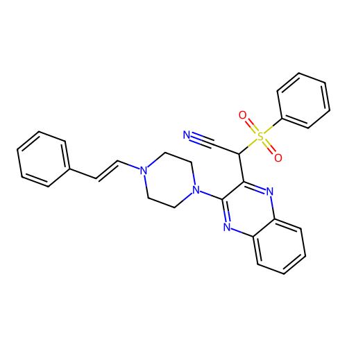 (3-{4-[(E)-2-phenylethenyl]piperazin-1-yl}quinoxalin-2-yl)(phenylsulfonyl)acetonitrile structure