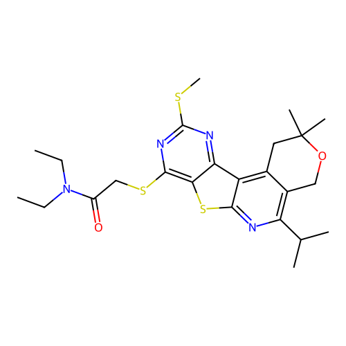 2-{[2,2-dimethyl-10-(methylsulfanyl)-5-(propan-2-yl)-1,4-dihydro-2H-pyrano[4'',3'':4',5']pyrido[3',2':4,5]thieno[3,2-d]pyrimidin-8-yl]sulfanyl}-N,N-diethylacetamide structure