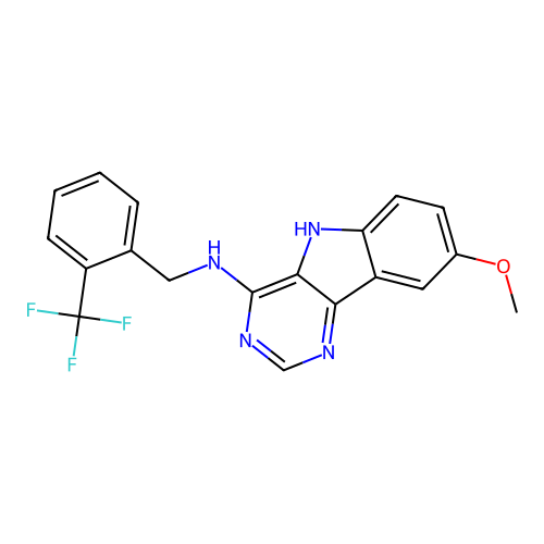 8-methoxy-N-(2-(trifluoromethyl)benzyl)-5H-pyrimido[5,4-b]indol-4-amine structure