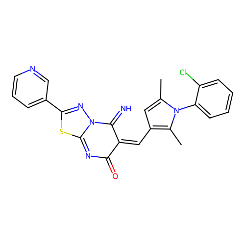 (E)-6-((1-(2-chlorophenyl)-2,5-dimethyl-1H-pyrrol-3-yl)methylene)-5-imino-2-(pyridin-3-yl)-5H-[1,3,4]thiadiazolo[3,2-a]pyrimidin-7(6H)-one structure