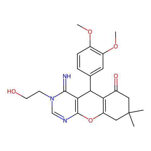 5-(3,4-dimethoxyphenyl)-3-(2-hydroxyethyl)-4-imino-8,8-dimethyl-3,4,5,7,8,9-hexahydro-6H-chromeno[2,3-d]pyrimidin-6-one structure