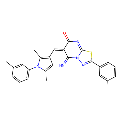(6E)-6-[[2,5-dimethyl-1-(3-methylphenyl)pyrrol-3-yl]methylidene]-5-imino-2-(3-methylphenyl)-[1,3,4]thiadiazolo[3,2-a]pyrimidin-7-one structure