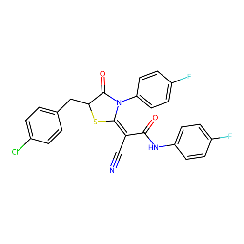 (E)-2-(5-(4-chlorobenzyl)-3-(4-fluorophenyl)-4-oxothiazolidin-2-ylidene)-2-cyano-N-(4-fluorophenyl)acetamide structure