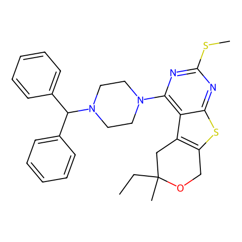 4-(4-benzhydrylpiperazin-1-yl)-6-ethyl-6-methyl-2-(methylthio)-6,8-dihydro-5H-pyrano[4',3':4,5]thieno[2,3-d]pyrimidine structure