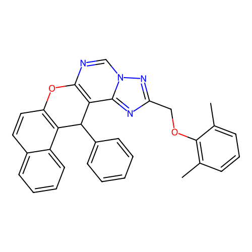 2-[(2,6-dimethylphenoxy)methyl]-14-phenyl-14H-benzo[5,6]chromeno[3,2-e][1,2,4]triazolo[1,5-c]pyrimidine structure
