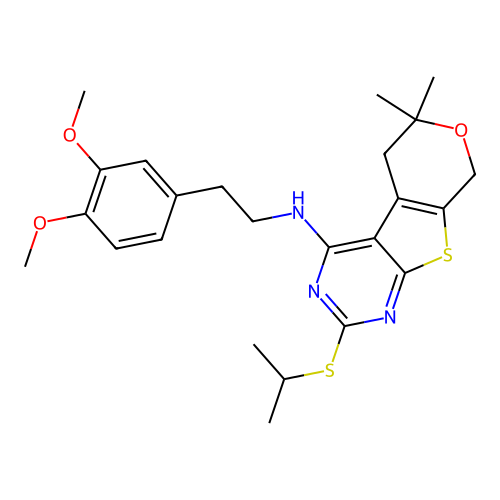 N-(3,4-dimethoxyphenethyl)-2-(isopropylthio)-6,6-dimethyl-6,8-dihydro-5H-pyrano[4',3':4,5]thieno[2,3-d]pyrimidin-4-amine structure
