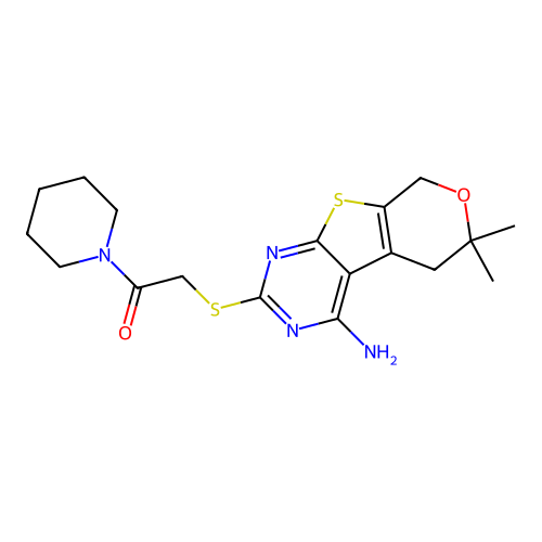 2-((4-amino-6,6-dimethyl-6,8-dihydro-5H-pyrano[4',3':4,5]thieno[2,3-d]pyrimidin-2-yl)thio)-1-(piperidin-1-yl)ethanone structure