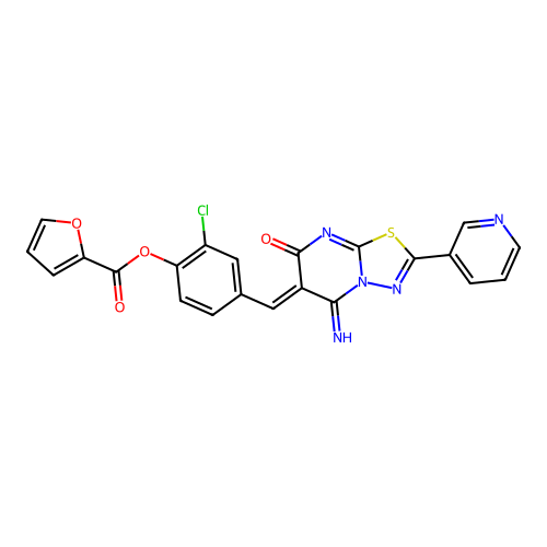 (Z)-2-chloro-4-((5-imino-7-oxo-2-(pyridin-3-yl)-5H-[1,3,4]thiadiazolo[3,2-a]pyrimidin-6(7H)-ylidene)methyl)phenyl furan-2-carboxylate structure