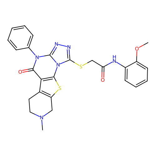 N-(2-methoxyphenyl)-2-((8-methyl-5-oxo-4-phenyl-4,5,6,7,8,9-hexahydropyrido[4',3':4,5]thieno[3,2-e][1,2,4]triazolo[4,3-a]pyrimidin-1-yl)thio)acetamide structure
