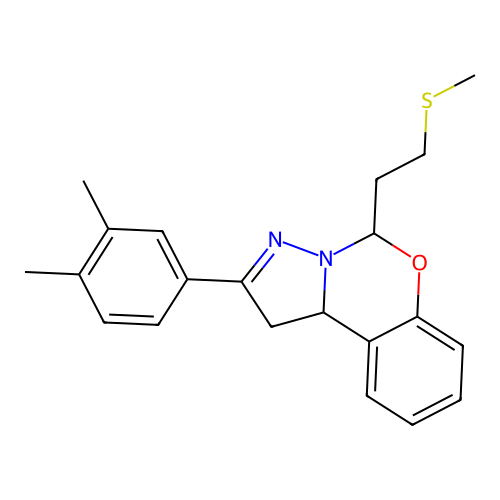 2-(3,4-dimethylphenyl)-5-(2-(methylthio)ethyl)-5,10b-dihydro-1H-benzo[e]pyrazolo[1,5-c][1,3]oxazine structure