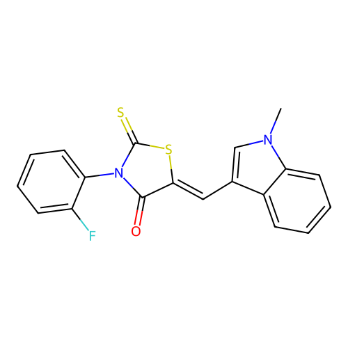 (Z)-3-(2-fluorophenyl)-5-((1-methyl-1H-indol-3-yl)methylene)-2-thioxothiazolidin-4-one structure