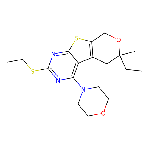6-ethyl-2-(ethylsulfanyl)-6-methyl-4-(morpholin-4-yl)-5,8-dihydro-6H-pyrano[4',3':4,5]thieno[2,3-d]pyrimidine structure