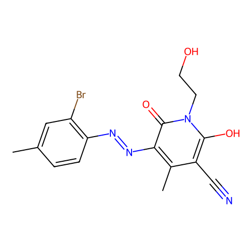 (5E)-5-[(2-bromo-4-methylphenyl)hydrazinylidene]-1-(2-hydroxyethyl)-4-methyl-2,6-dioxopyridine-3-carbonitrile structure