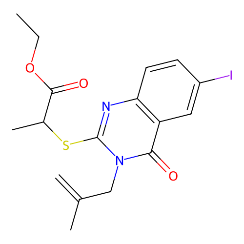 ethyl 2-((6-iodo-3-(2-methylallyl)-4-oxo-3,4-dihydroquinazolin-2-yl)thio)propanoate structure