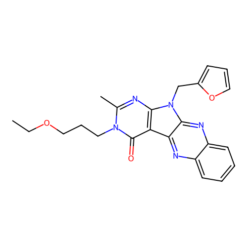 3-(3-ethoxypropyl)-11-(furan-2-ylmethyl)-2-methyl-3,11-dihydro-4H-pyrimido[5',4':4,5]pyrrolo[2,3-b]quinoxalin-4-one structure