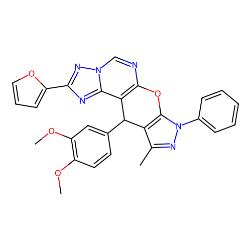 11-(3,4-dimethoxyphenyl)-2-(furan-2-yl)-10-methyl-8-phenyl-8,11-dihydropyrazolo[4',3':5,6]pyrano[3,2-e][1,2,4]triazolo[1,5-c]pyrimidine structure