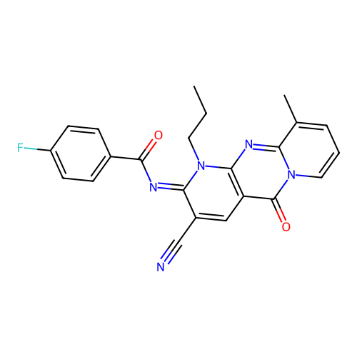 (E)-N-(3-cyano-10-methyl-5-oxo-1-propyl-1H-dipyrido[1,2-a:2',3'-d]pyrimidin-2(5H)-ylidene)-4-fluorobenzamide structure