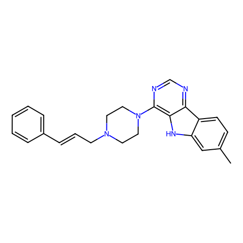 (E)-4-(4-cinnamylpiperazin-1-yl)-7-methyl-5H-pyrimido[5,4-b]indole structure