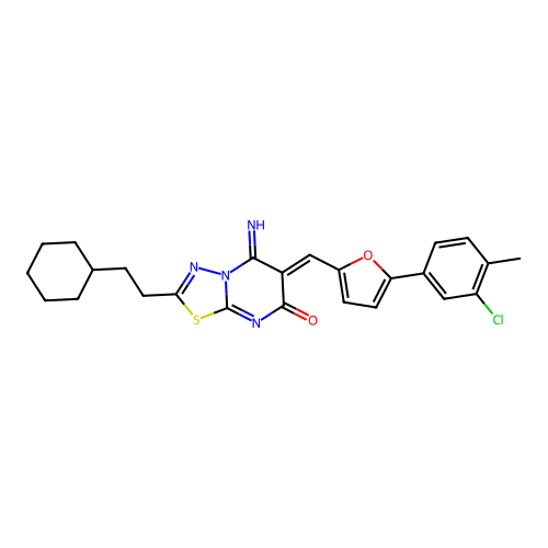 (6Z)-6-[[5-(3-chloro-4-methylphenyl)furan-2-yl]methylidene]-2-(2-cyclohexylethyl)-5-imino-[1,3,4]thiadiazolo[3,2-a]pyrimidin-7-one structure