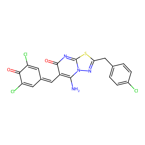 (Z)-2-(4-chlorobenzyl)-6-(3,5-dichloro-4-hydroxybenzylidene)-5-imino-5H-[1,3,4]thiadiazolo[3,2-a]pyrimidin-7(6H)-one structure