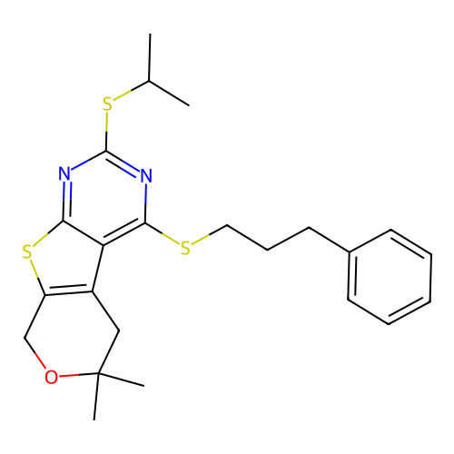 2-(isopropylthio)-6,6-dimethyl-4-((3-phenylpropyl)thio)-6,8-dihydro-5H-pyrano[4',3':4,5]thieno[2,3-d]pyrimidine structure