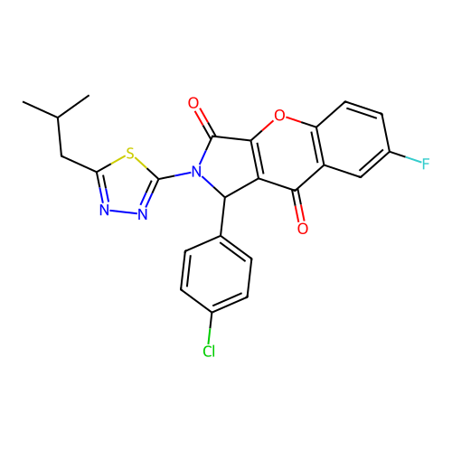 1-(4-chlorophenyl)-7-fluoro-2-(5-isobutyl-1,3,4-thiadiazol-2-yl)-1,2-dihydrochromeno[2,3-c]pyrrole-3,9-dione structure