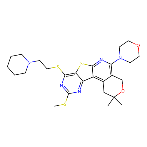 2,2-dimethyl-10-(methylsulfanyl)-5-(morpholin-4-yl)-8-{[2-(piperidin-1-yl)ethyl]sulfanyl}-1,4-dihydro-2H-pyrano[4'',3'':4',5']pyrido[3',2':4,5]thieno[3,2-d]pyrimidine structure
