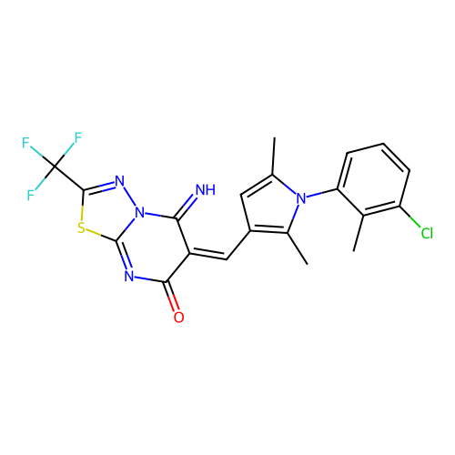 (E)-6-((1-(3-chloro-2-methylphenyl)-2,5-dimethyl-1H-pyrrol-3-yl)methylene)-5-imino-2-(trifluoromethyl)-5H-[1,3,4]thiadiazolo[3,2-a]pyrimidin-7(6H)-one structure