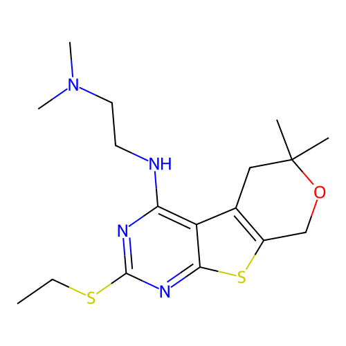 N'-[2-(ethylsulfanyl)-6,6-dimethyl-5,8-dihydro-6H-pyrano[4',3':4,5]thieno[2,3-d]pyrimidin-4-yl]-N,N-dimethylethane-1,2-diamine structure