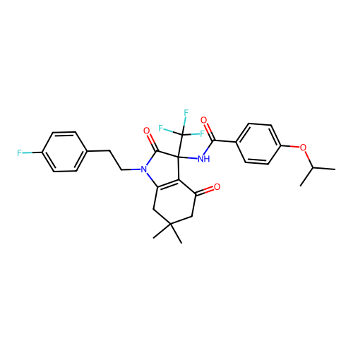 N-(1-(4-fluorophenethyl)-6,6-dimethyl-2,4-dioxo-3-(trifluoromethyl)-2,3,4,5,6,7-hexahydro-1H-indol-3-yl)-4-isopropoxybenzamide structure