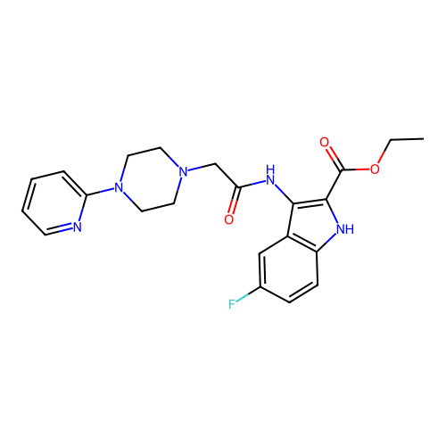Ethyl 5-fluoro-3-[[2-(4-pyridin-2-ylpiperazin-1-yl)acetyl]amino]-1H-indole-2-carboxylate structure