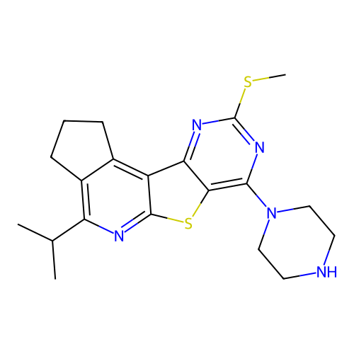 4-isopropyl-9-(methylthio)-7-(piperazin-1-yl)-2,3-dihydro-1H-cyclopenta[4',5']pyrido[3',2':4,5]thieno[3,2-d]pyrimidine structure